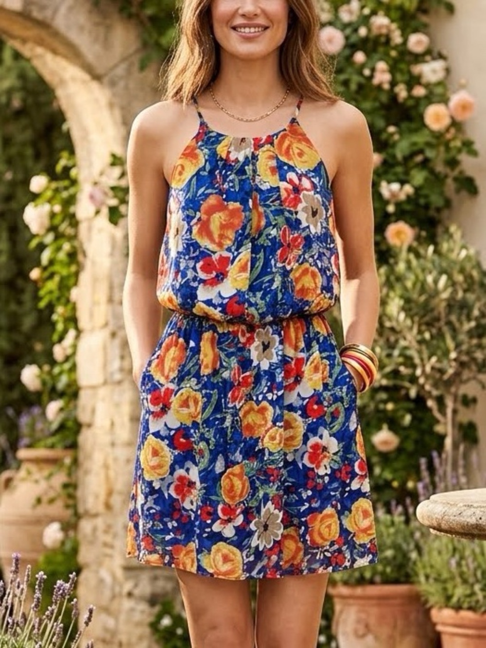 Runway Story Multi Color Floral Watercolor Keyhole Back Flowy Halter Dress